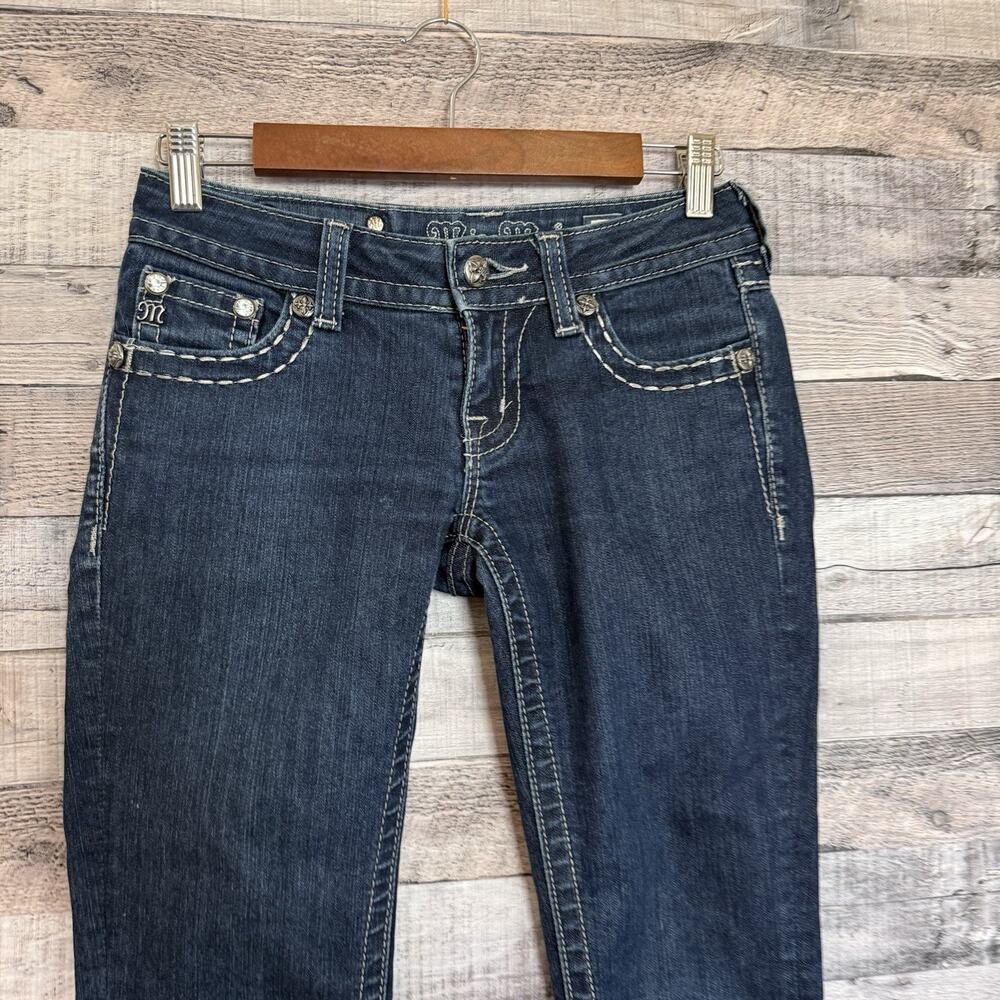 Miss Me Women's Dark Wash Low Rise Size 25 Straight Cut Flap Pocket Jeans Bling - Picture 3 of 13
